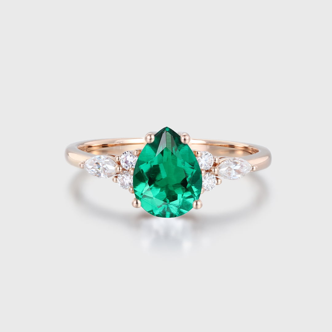 Pear cut Lab Emerald engagement ring Unique Marquise cluster diamond engagement ring Rose gold Bridal promise Anniversary gift for women