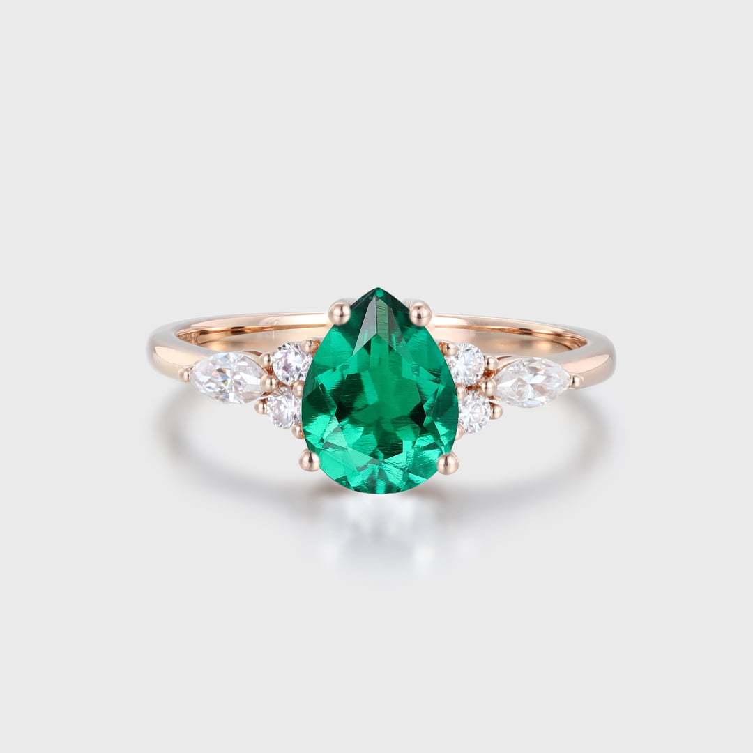 Pear cut Lab Emerald engagement ring Unique Marquise cluster diamond engagement ring Rose gold Bridal promise Anniversary gift for women