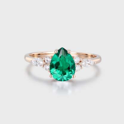 Pear cut Lab Emerald engagement ring Unique Marquise cluster diamond engagement ring Rose gold Bridal promise Anniversary gift for women