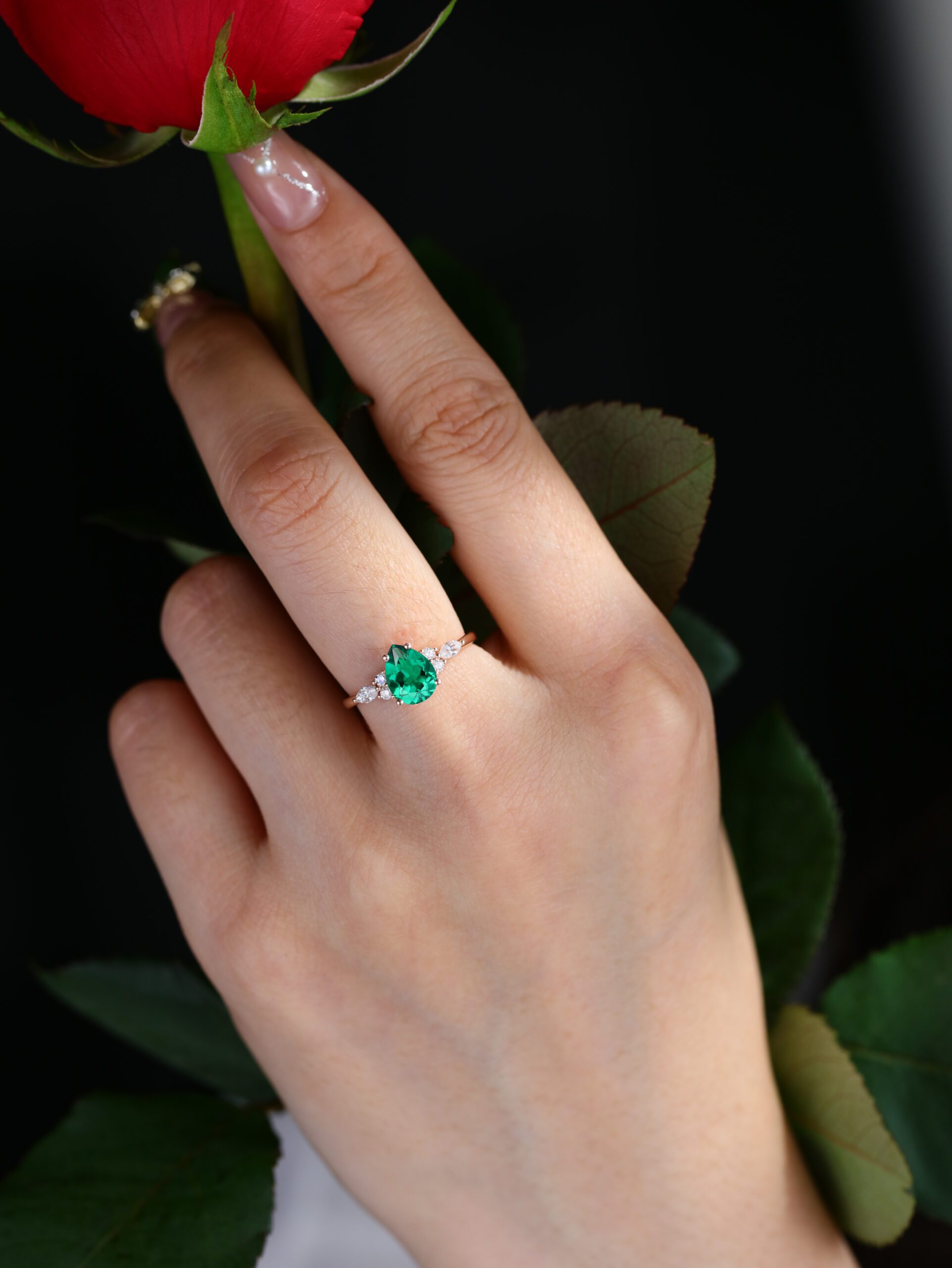 Pear cut Lab Emerald engagement ring Unique Marquise cluster diamond engagement ring Rose gold Bridal promise Anniversary gift for women