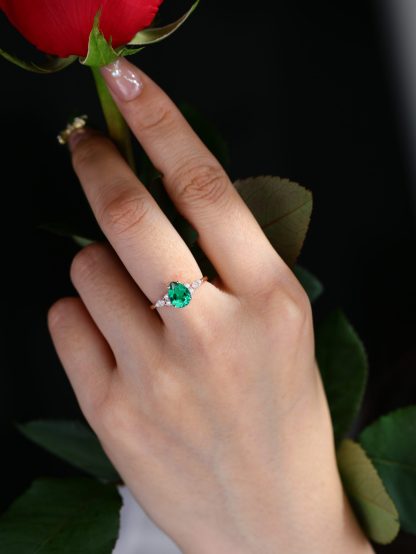 Pear cut Lab Emerald engagement ring Unique Marquise cluster diamond engagement ring Rose gold Bridal promise Anniversary gift for women