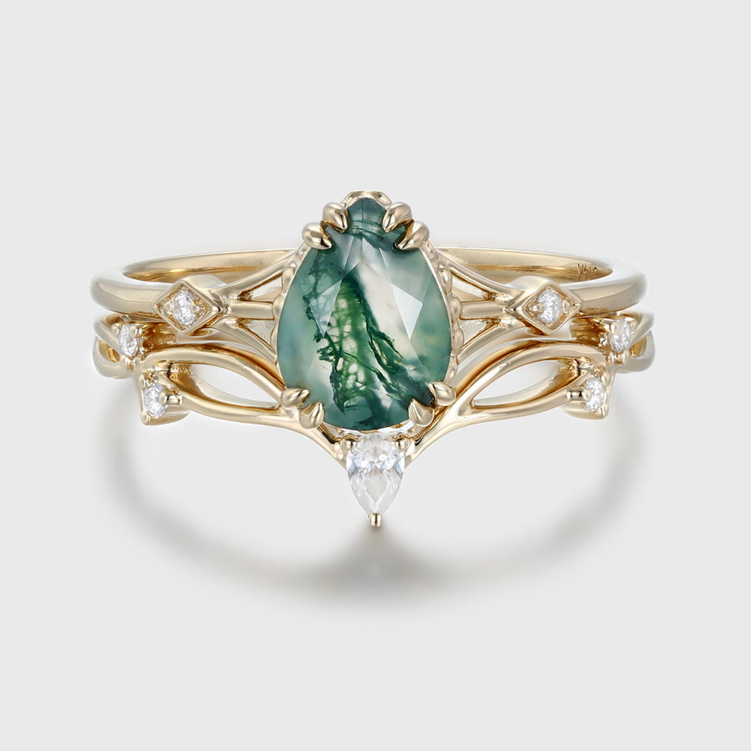 Pear cut Moss Agate engagement ring set unique engagement ring vintage Yellow gold women Curved Diamond wedding Bridal Anniversary gift ring