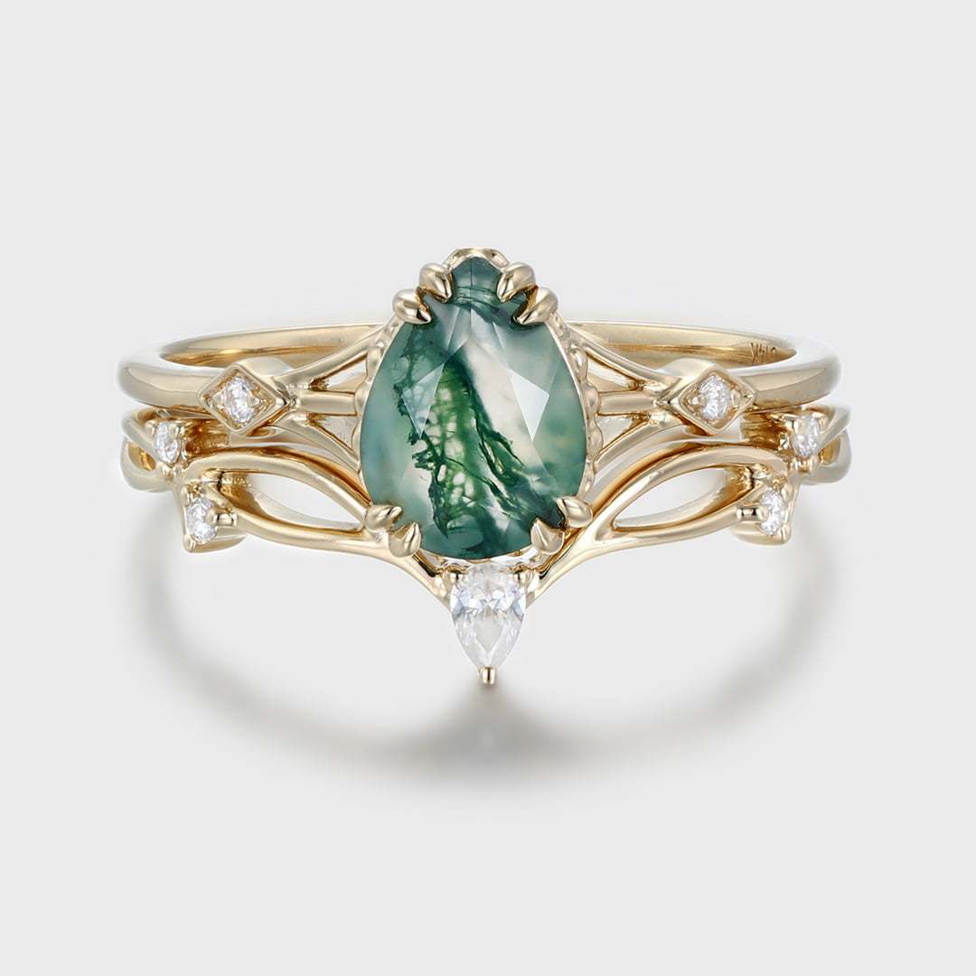 Pear cut Moss Agate engagement ring set unique engagement ring vintage Yellow gold women Curved Diamond wedding Bridal Anniversary gift ring