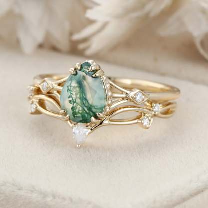 Pear cut Moss Agate engagement ring set unique engagement ring vintage Yellow gold women Curved Diamond wedding Bridal Anniversary gift ring