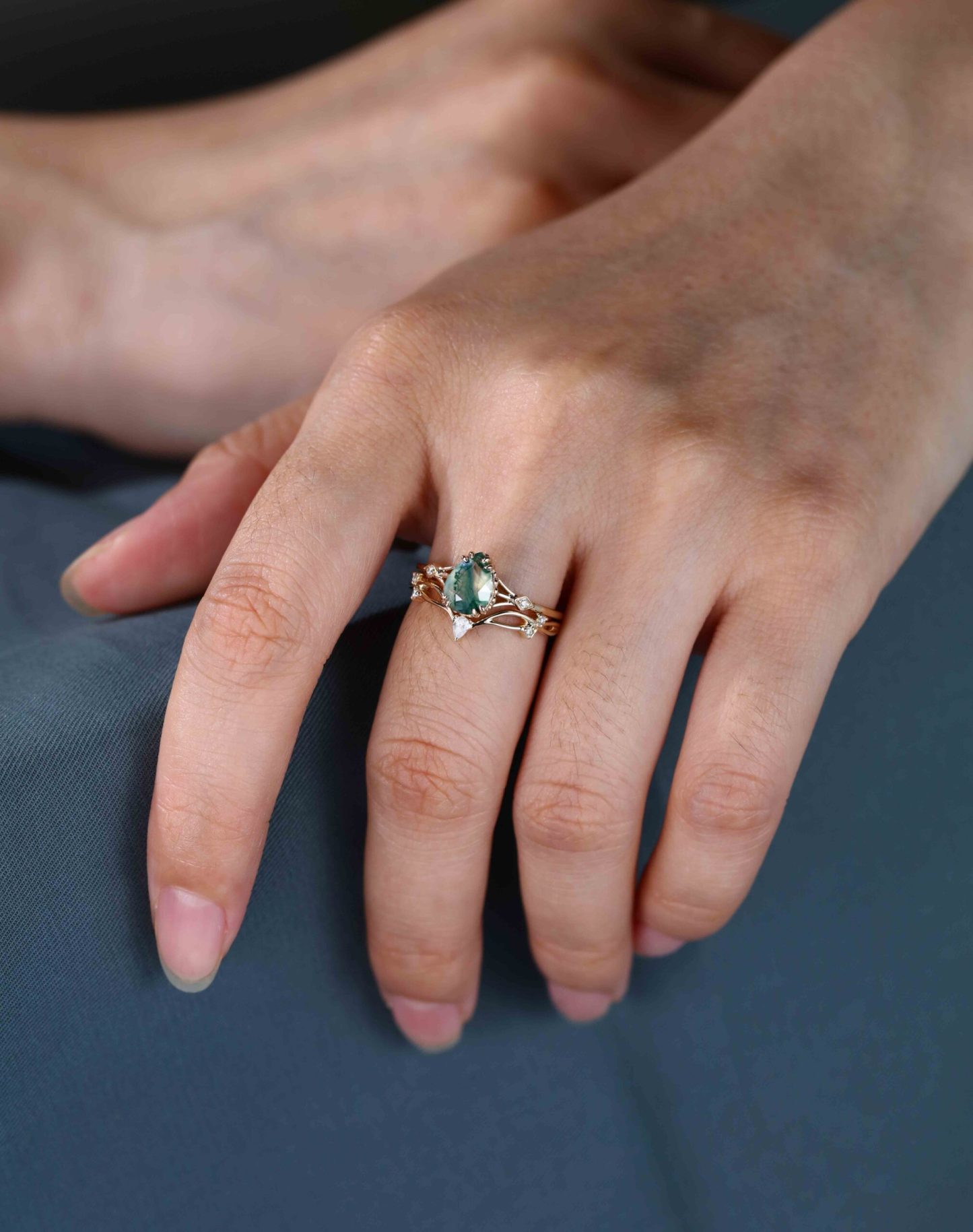 Pear cut Moss Agate engagement ring set unique engagement ring vintage Yellow gold women Curved Diamond wedding Bridal Anniversary gift ring