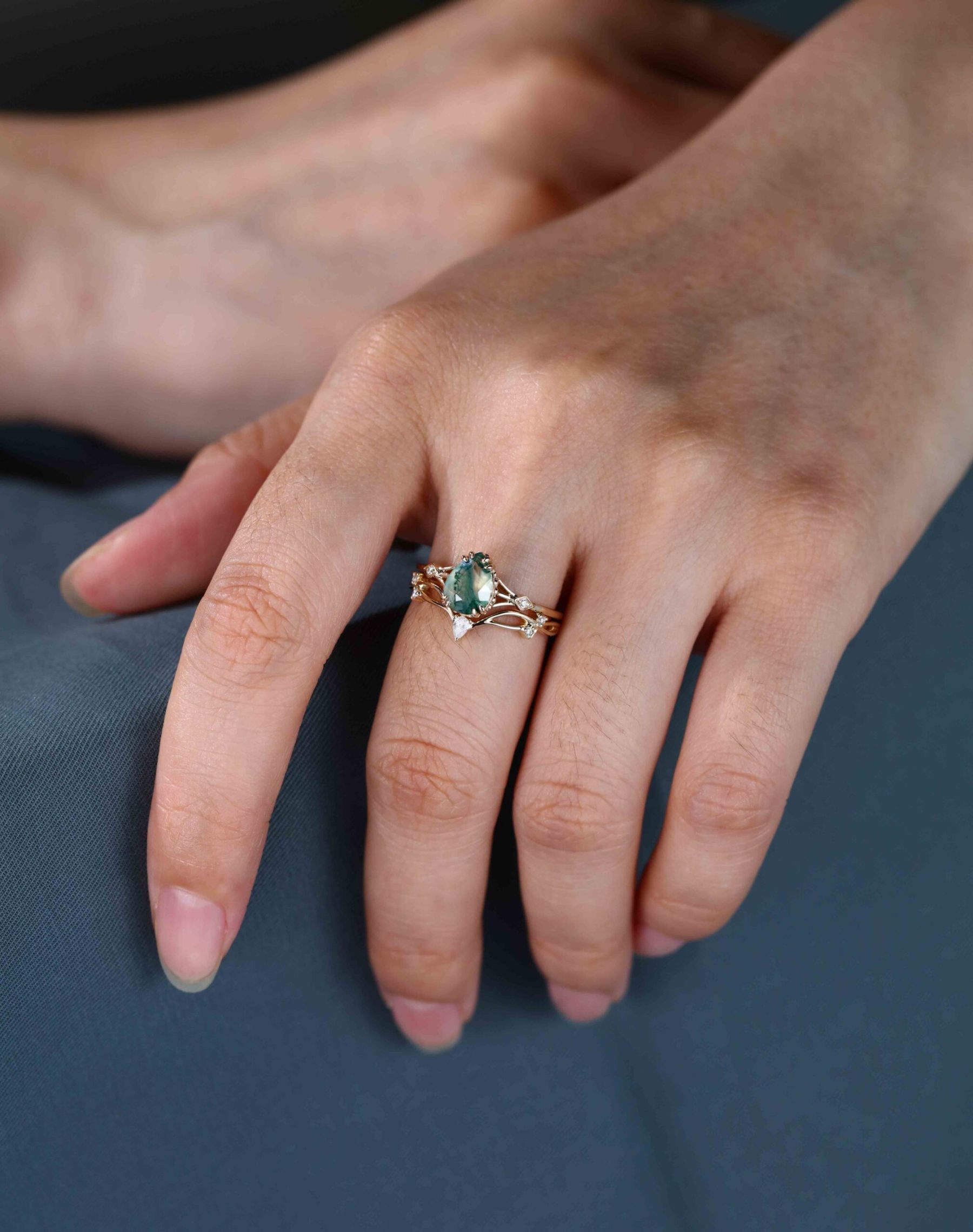 Pear cut Moss Agate engagement ring set unique engagement ring vintage Yellow gold women Curved Diamond wedding Bridal Anniversary gift ring