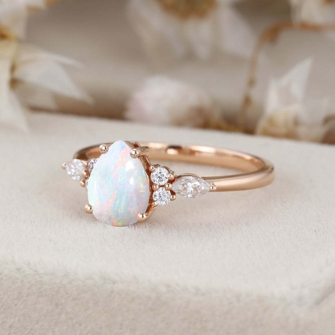Pear cut Natural Opal engagement ring Unique Marquise cluster diamond engagement ring Rose gold Bridal promise Anniversary gift for women