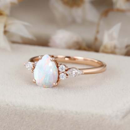 Pear cut Natural Opal engagement ring Unique Marquise cluster diamond engagement ring Rose gold Bridal promise Anniversary gift for women