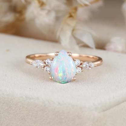 Pear cut Natural Opal engagement ring Unique Marquise cluster diamond engagement ring Rose gold Bridal promise Anniversary gift for women