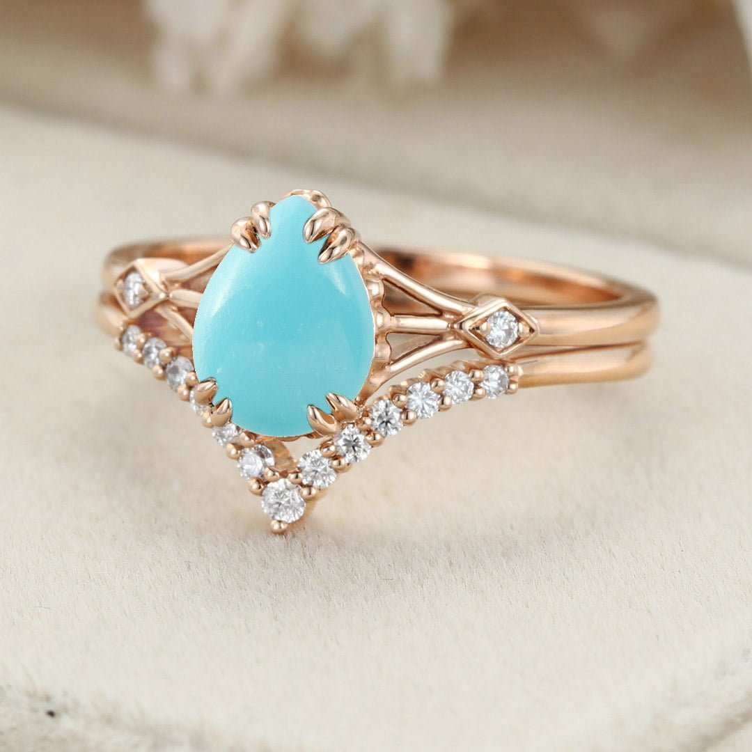 Pear cut Turquoise engagement ring set vintage rose gold Cluster diamond unique curve matching Wedding Anniversary gift for women