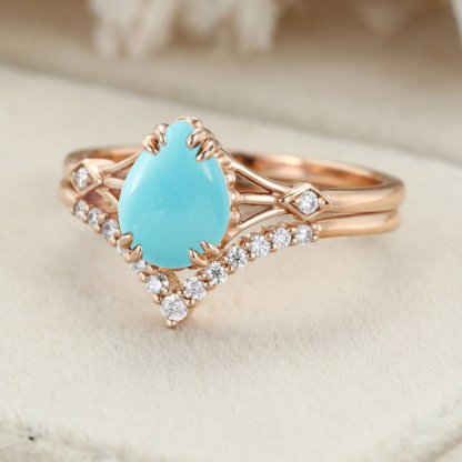Pear cut Turquoise engagement ring set vintage rose gold Cluster diamond unique curve matching Wedding Anniversary gift for women