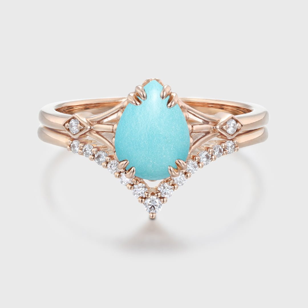 Pear cut Turquoise engagement ring set vintage rose gold Cluster diamond unique curve matching Wedding Anniversary gift for women