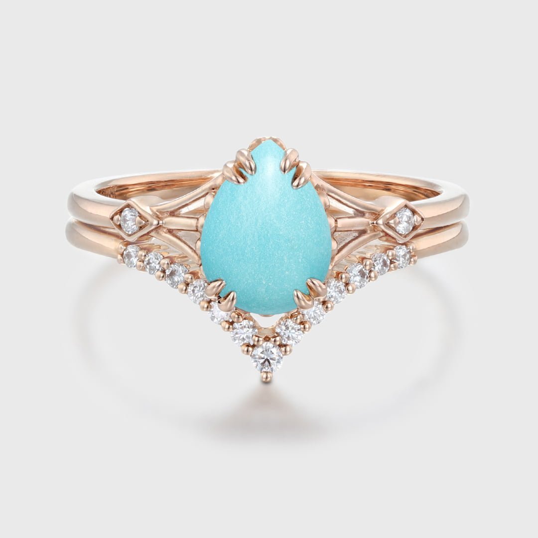 Pear cut Turquoise engagement ring set vintage rose gold Cluster diamond unique curve matching Wedding Anniversary gift for women