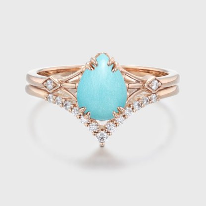 Pear cut Turquoise engagement ring set vintage rose gold Cluster diamond unique curve matching Wedding Anniversary gift for women
