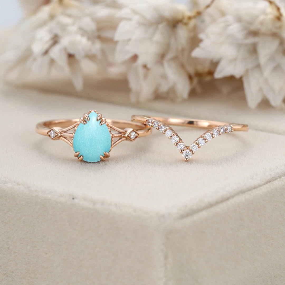 Pear cut Turquoise engagement ring set vintage rose gold Cluster diamond unique curve matching Wedding Anniversary gift for women