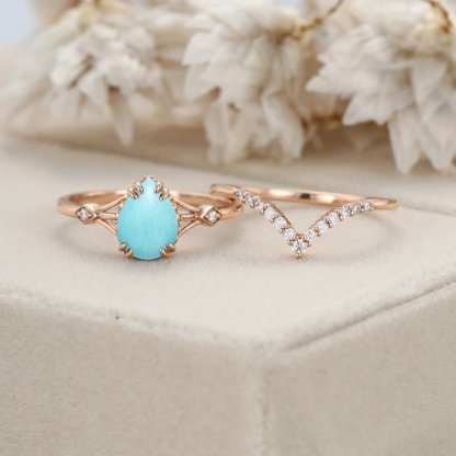Pear cut Turquoise engagement ring set vintage rose gold Cluster diamond unique curve matching Wedding Anniversary gift for women