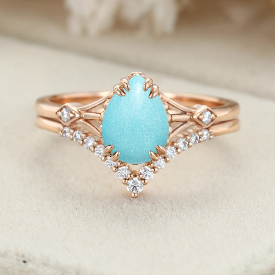 Pear cut Turquoise engagement ring set vintage rose gold Cluster diamond unique curve matching Wedding Anniversary gift for women