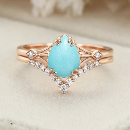 Pear cut Turquoise engagement ring set vintage rose gold Cluster diamond unique curve matching Wedding Anniversary gift for women