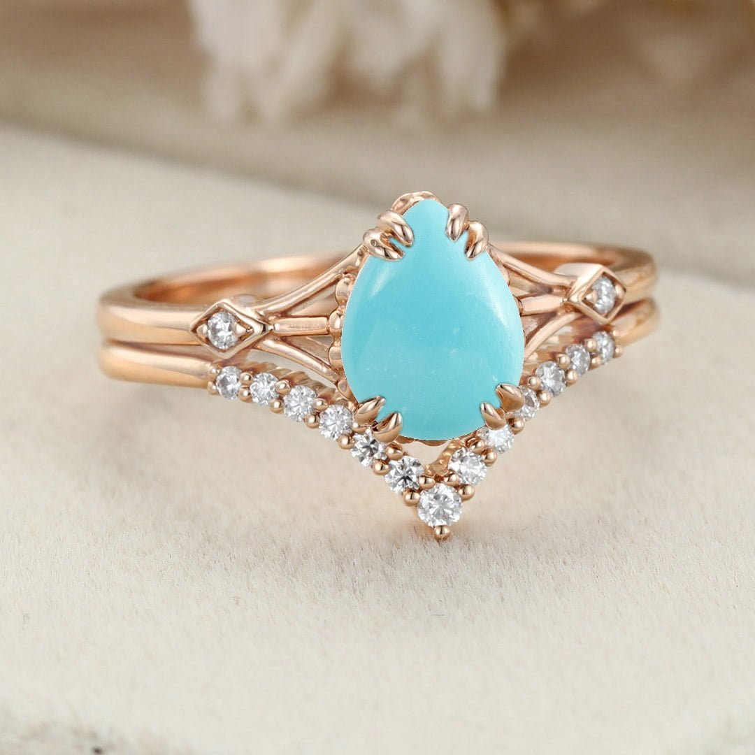 Pear cut Turquoise engagement ring set vintage rose gold Cluster diamond unique curve matching Wedding Anniversary gift for women