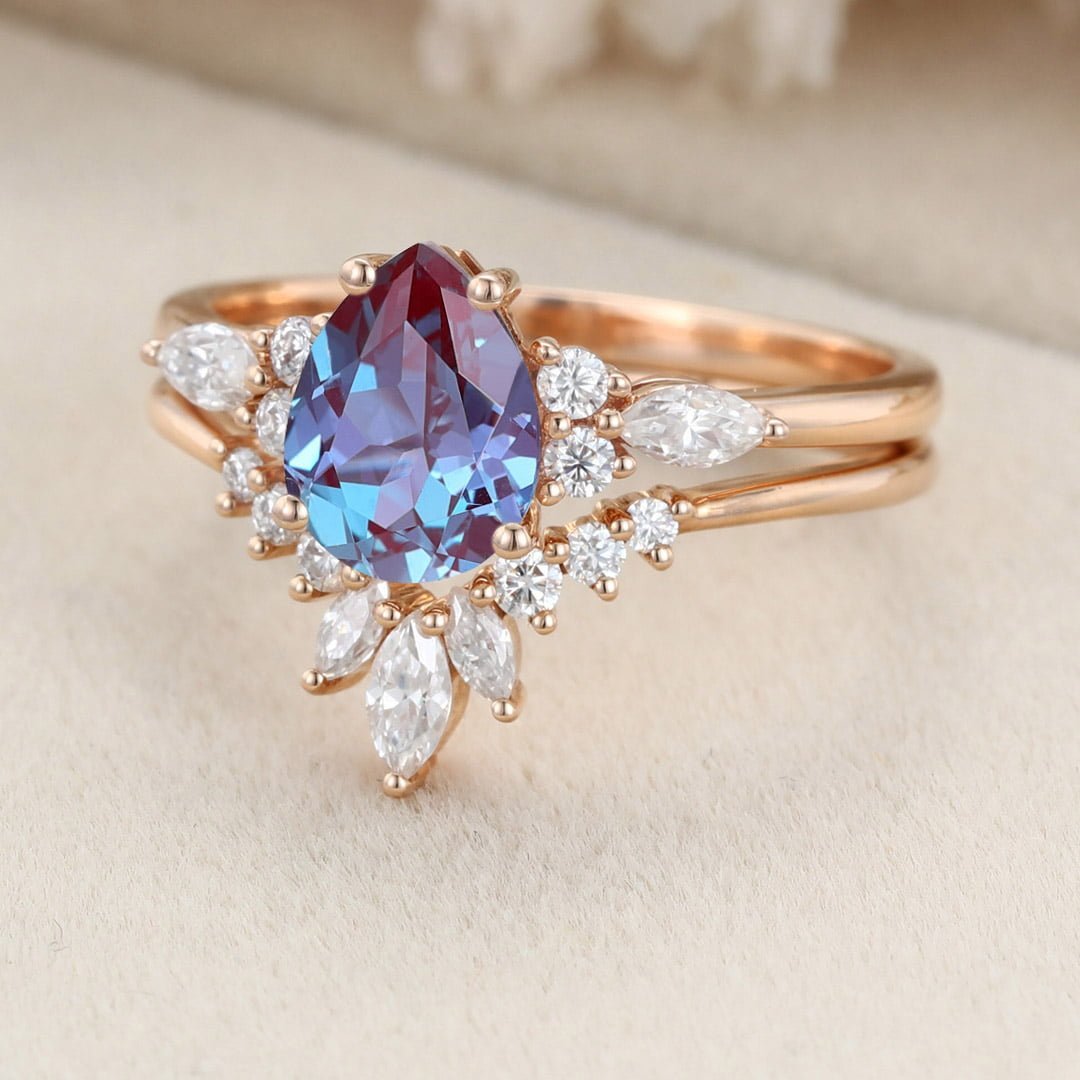 Pear shape Alexandrite engagement ring set Vintage Rose gold moissanite engagement ring unique marquise wedding ring Anniversary gift