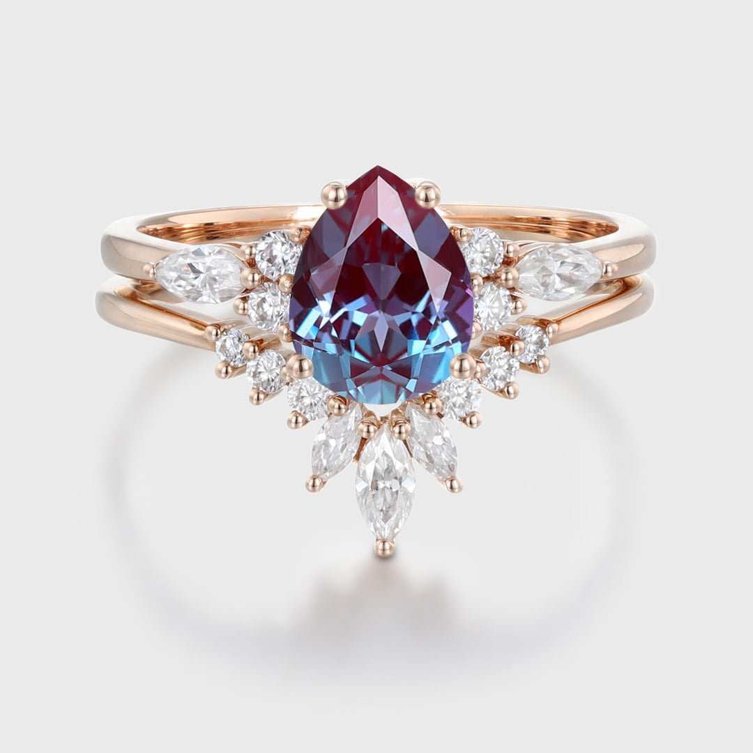 Pear shape Alexandrite engagement ring set Vintage Rose gold moissanite engagement ring unique marquise wedding ring Anniversary gift