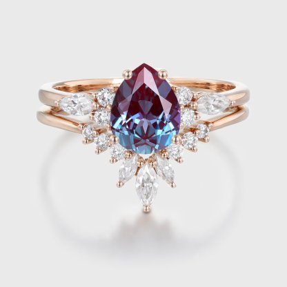 Pear shape Alexandrite engagement ring set Vintage Rose gold moissanite engagement ring unique marquise wedding ring Anniversary gift