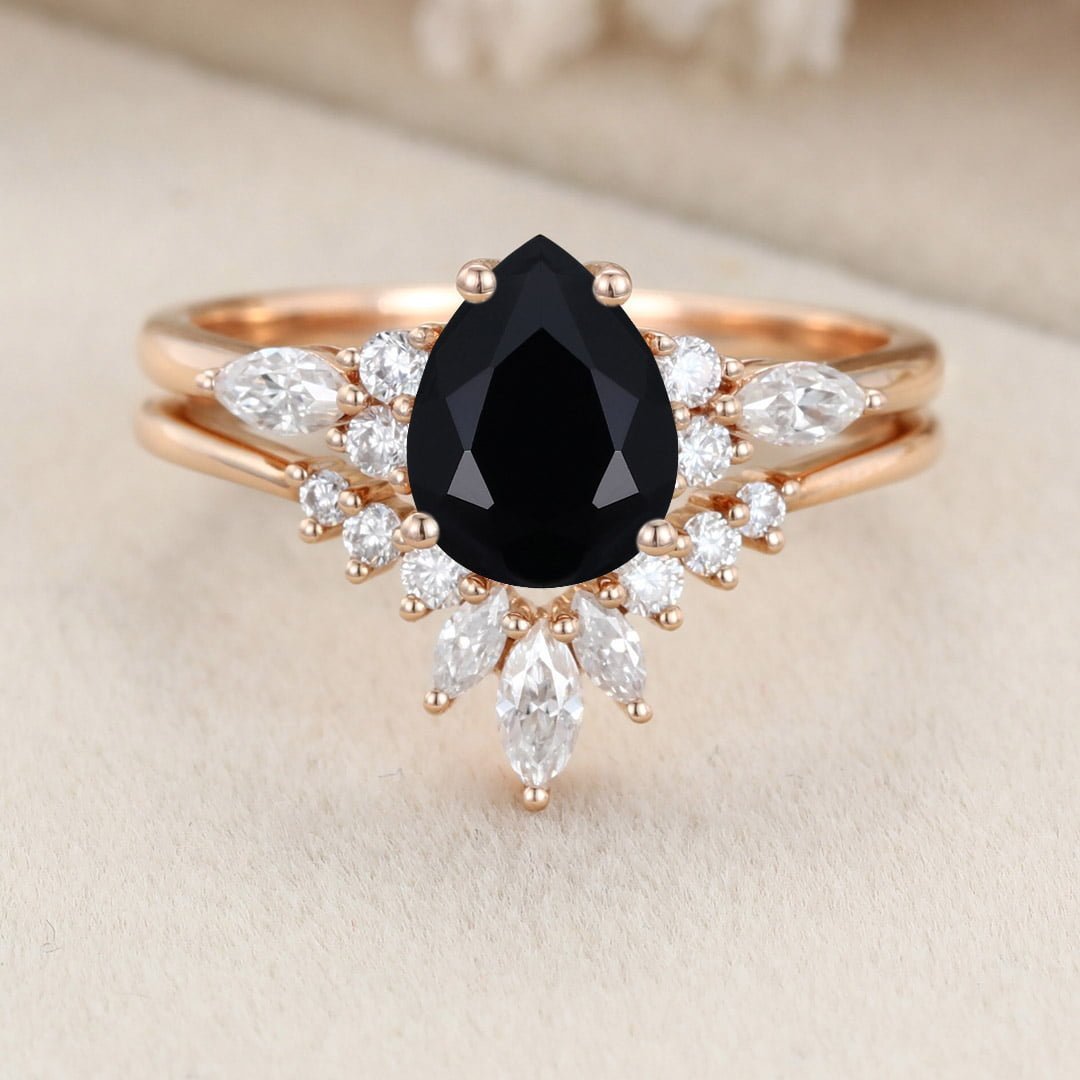 Pear shape Black Onyx engagement ring set Vintage women Art deco Bridal set Rose gold Diamond wedding ring Promise Anniversary gift