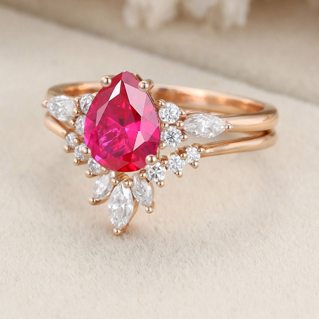 Pear shape Lab Ruby engagement ring set Unique Cluster engagement ring Rose gold Vintage marquise engagement ring Bridal set Anniversary