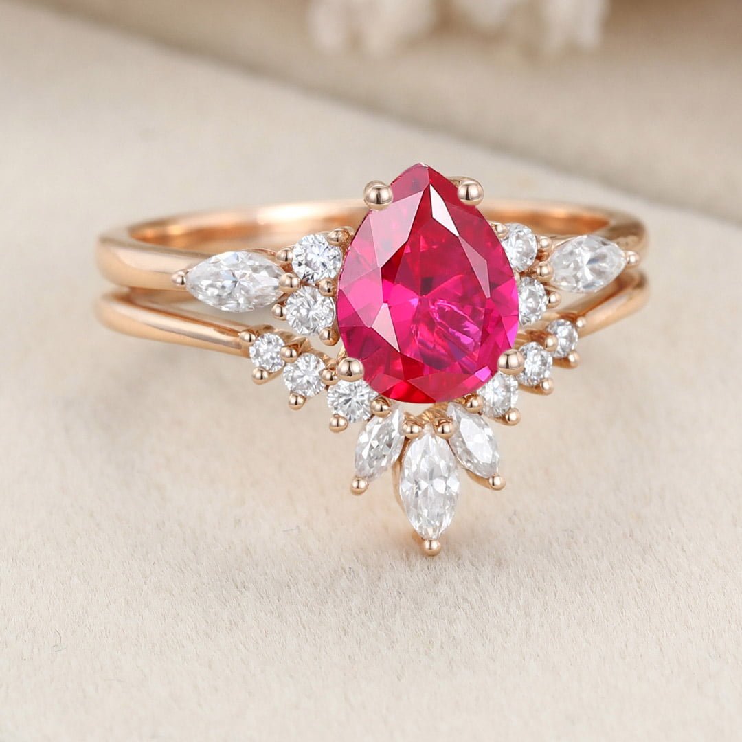 Pear shape Lab Ruby engagement ring set Unique Cluster engagement ring Rose gold Vintage marquise engagement ring Bridal set Anniversary