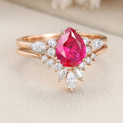 Pear shape Lab Ruby engagement ring set Unique Cluster engagement ring Rose gold Vintage marquise engagement ring Bridal set Anniversary