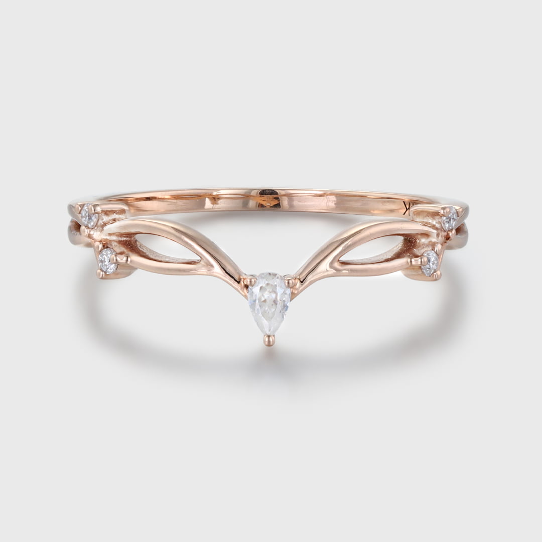 Pear shape Moissanite wedding band Vintage Curved wedding band Unique Rose gold diamond ring stacking matching promise ring Anniversary gift