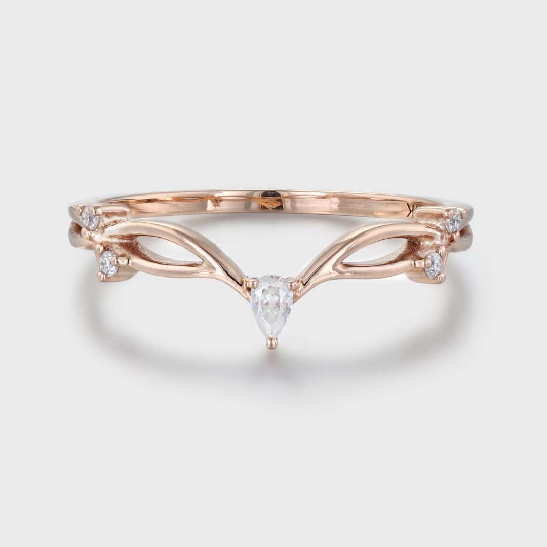 Pear shape Moissanite wedding band Vintage Curved wedding band Unique Rose gold diamond ring stacking matching promise ring Anniversary gift