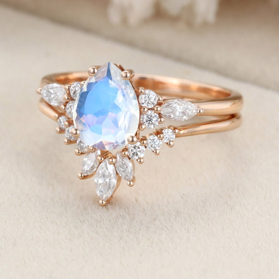 Pear shape Moonstone engagement ring set Moissanite ring Unique Vintage Rose gold cluster engagement ring bridal promise Anniversary gift