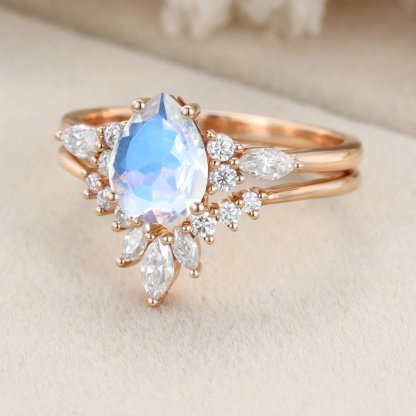 Pear shape Moonstone engagement ring set Moissanite ring Unique Vintage Rose gold cluster engagement ring bridal promise Anniversary gift