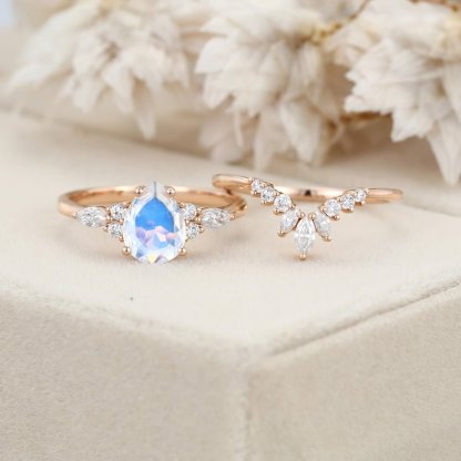 Pear shape Moonstone engagement ring set Moissanite ring Unique Vintage Rose gold cluster engagement ring bridal promise Anniversary gift