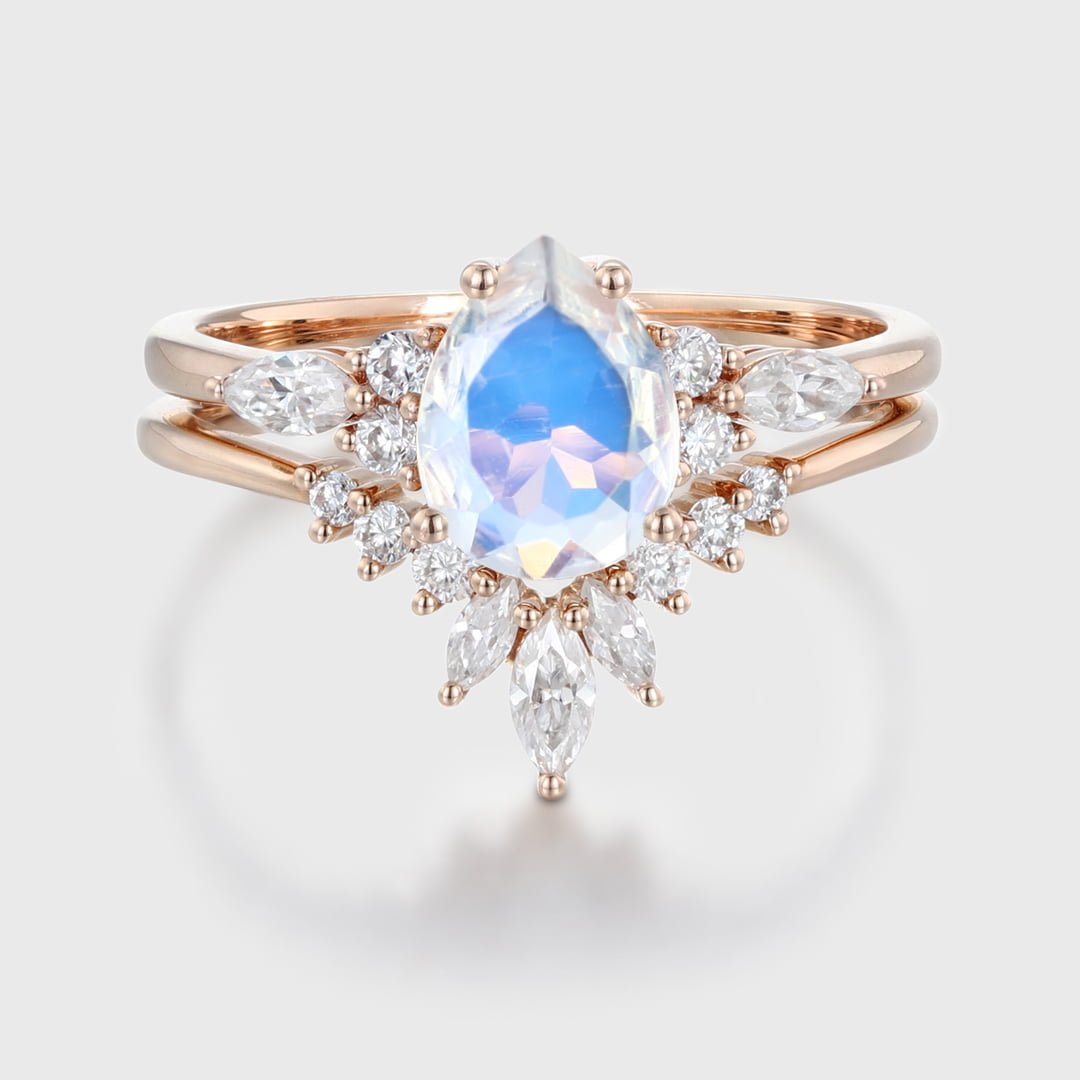 Pear shape Moonstone engagement ring set Moissanite ring Unique Vintage Rose gold cluster engagement ring bridal promise Anniversary gift