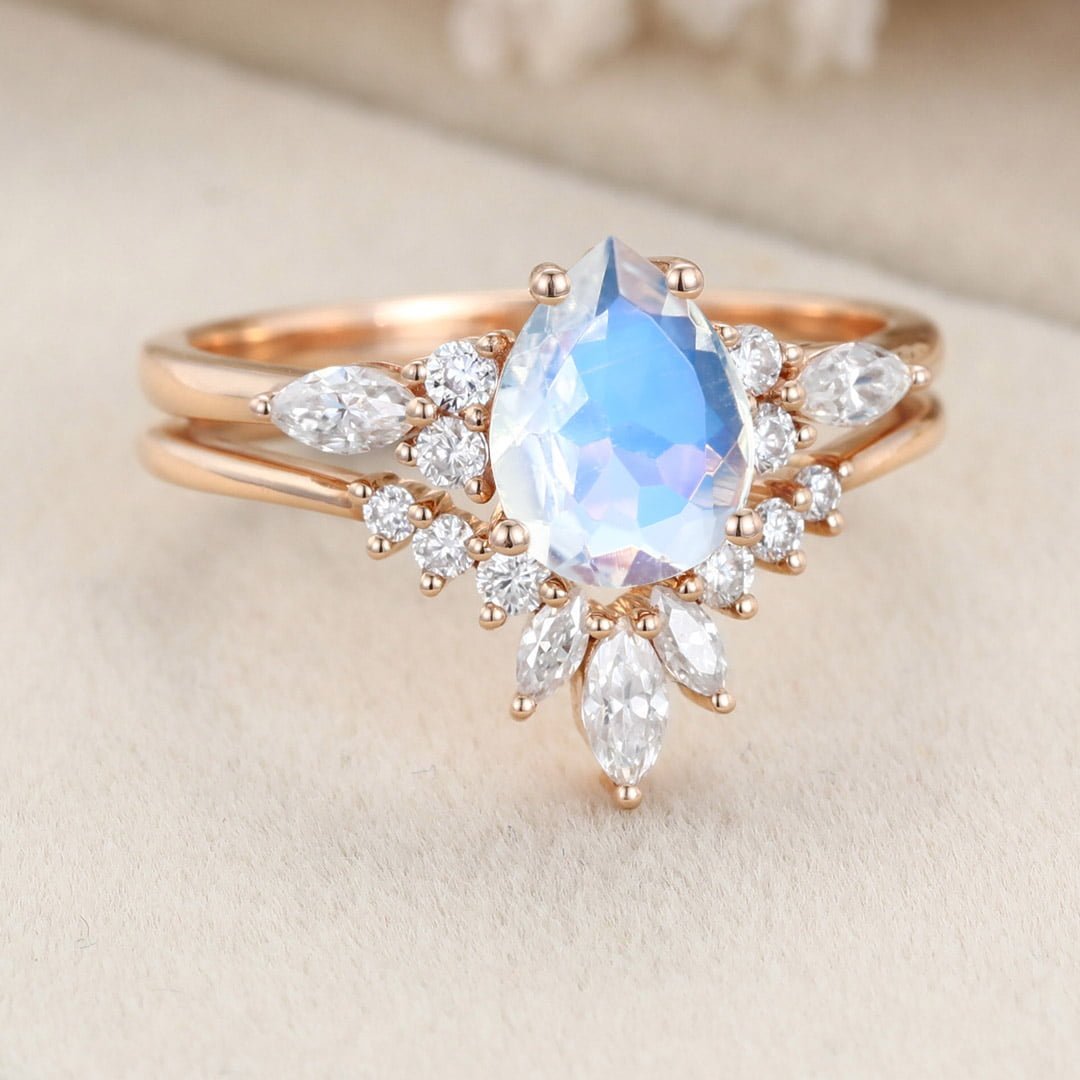 Pear shape Moonstone engagement ring set Moissanite ring Unique Vintage Rose gold cluster engagement ring bridal promise Anniversary gift