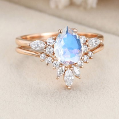 Pear shape Moonstone engagement ring set Moissanite ring Unique Vintage Rose gold cluster engagement ring bridal promise Anniversary gift