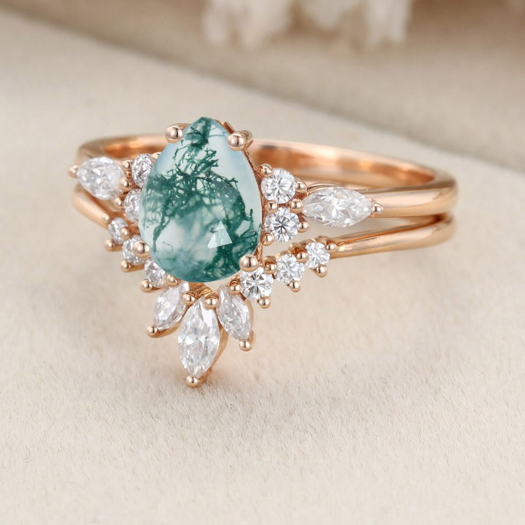 Pear shape Moss Agate engagement ring set Vintage Rose gold moissanite engagement ring unique marquise wedding ring bridal ring Anniversary