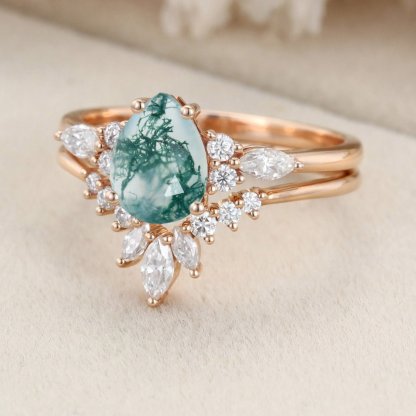 Pear shape Moss Agate engagement ring set Vintage Rose gold moissanite engagement ring unique marquise wedding ring bridal ring Anniversary