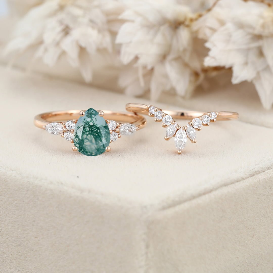 Pear shape Moss Agate engagement ring set Vintage Rose gold moissanite engagement ring unique marquise wedding ring bridal ring Anniversary