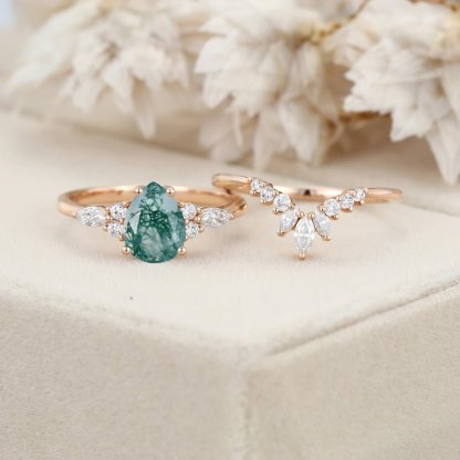 Pear shape Moss Agate engagement ring set Vintage Rose gold moissanite engagement ring unique marquise wedding ring bridal ring Anniversary