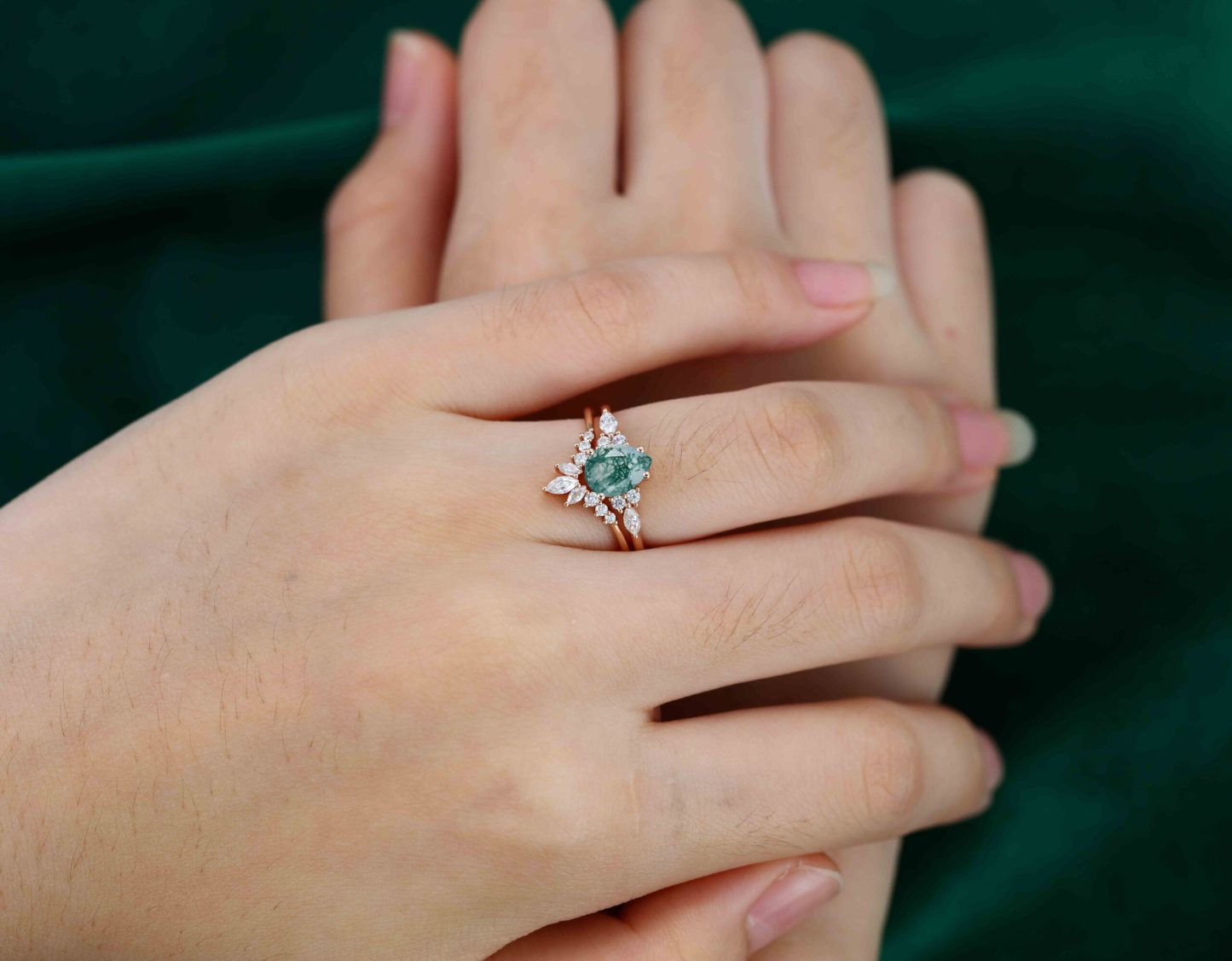 Pear shape Moss Agate engagement ring set Vintage Rose gold moissanite engagement ring unique marquise wedding ring bridal ring Anniversary