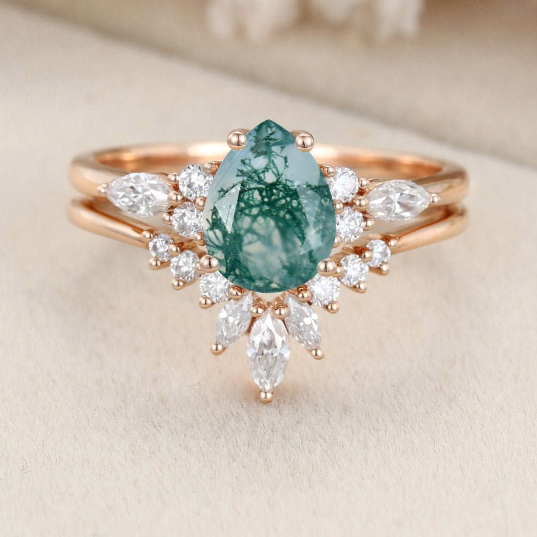 Pear shape Moss Agate engagement ring set Vintage Rose gold moissanite engagement ring unique marquise wedding ring bridal ring Anniversary
