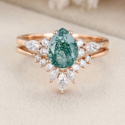 Pear shape Moss Agate engagement ring set Vintage Rose gold moissanite engagement ring unique marquise wedding ring bridal ring Anniversary