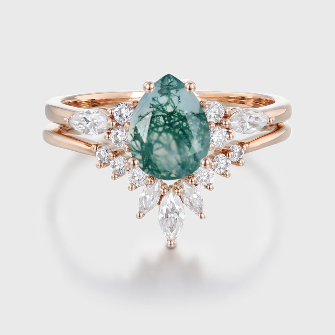Pear shape Moss Agate engagement ring set Vintage Rose gold moissanite engagement ring unique marquise wedding ring bridal ring Anniversary