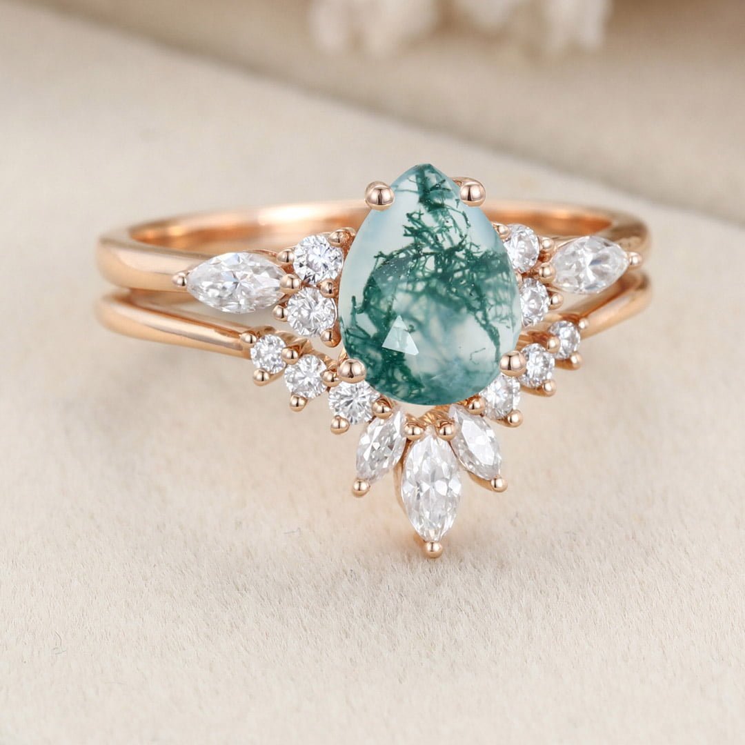 Pear shape Moss Agate engagement ring set Vintage Rose gold moissanite engagement ring unique marquise wedding ring bridal ring Anniversary
