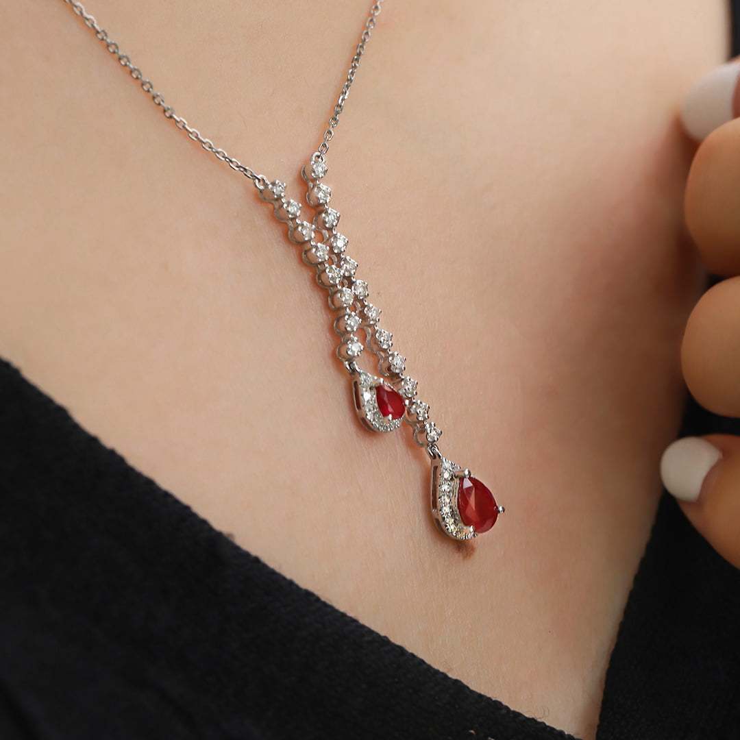 Pear shaped 18K White Gold Ruby Necklace Pear Ruby Necklace July Birthstone Dainty Ruby Necklace