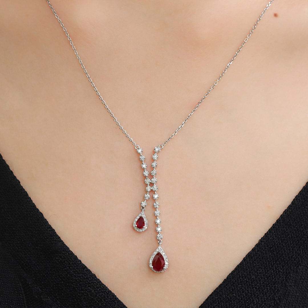 Pear shaped 18K White Gold Ruby Necklace Pear Ruby Necklace July Birthstone Dainty Ruby Necklace