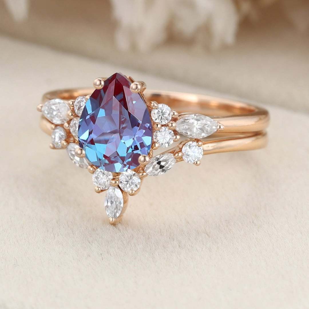 Pear shaped Alexandrite engagement ring set Rose gold marquise engagement ring Vintage moissanite engagement ring wedding Bridal Anniversary